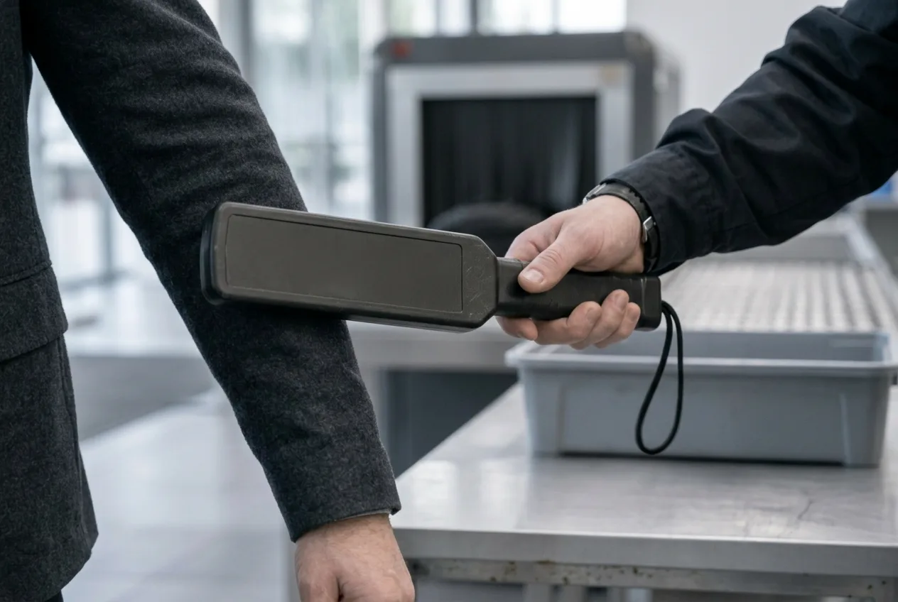 Arbeitsdetail einer Personenkontrolle mit Handsonde an vorhandener Kontrolltechnik